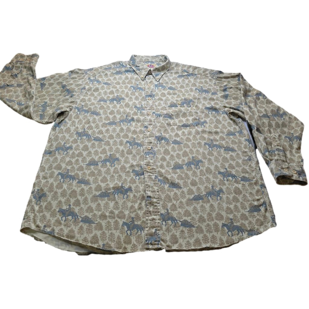 Mens XL Barn Fly Western Horse Print Button Up Shirt Cowboy Ranch USA Made